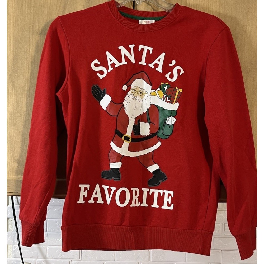 Holiday Time Unisex Small (34-36) Red Santa's Favorite Long‎ Sleeve Sweatshirt